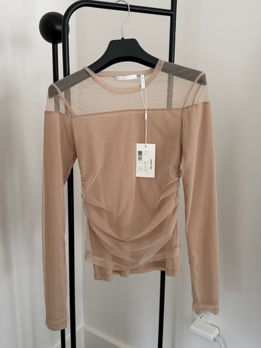 Helmut Lang Nude Sheer Ruched Long-Sleeve Tee